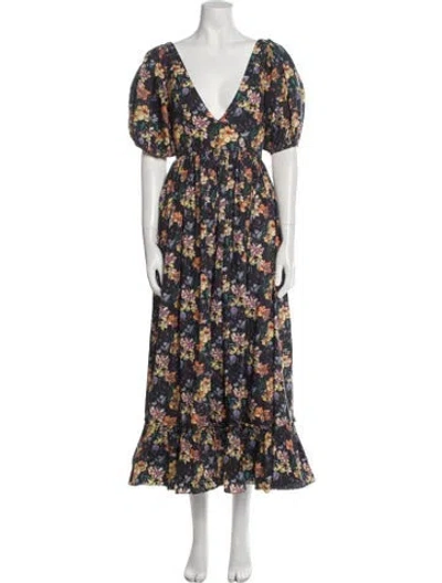 Pre-owned Lia Cohen Floral Print Long Dress In Blue