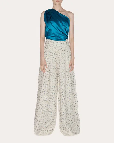 Lia Cohen Women's Timeless Floral Linen Pleated Wide-leg Pants In Blue