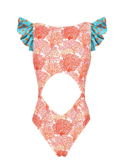 Lia Sahara Women's Cut Out One Piece + Reversible Ruffles In Coral In Pink