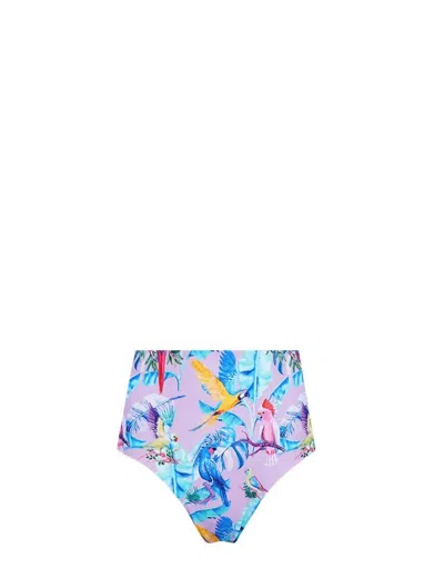 Lia Sahara Women's Reversible Compression High Waist Bikini Bottom In Purple Paradise + Lilac & Mint Stripes In Blue