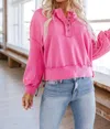 LIAM & COMPANY MACIE HENLEY SWEATSHIRT IN STRAWBERRY PINK