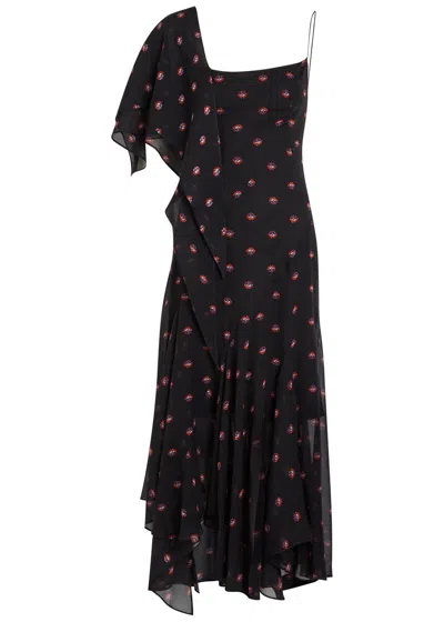 Liberowe Aubrey Floral-print Asymmetric Silk Midi Dress In Black