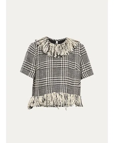 Liberowe Houndstooth Check Tweed Fringed Short-sleeve Top In Gray