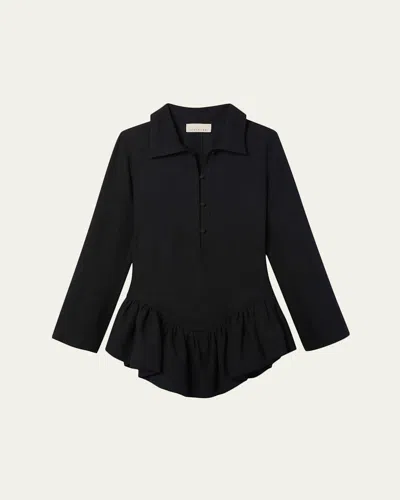 Liberowe Long-sleeve Peplum Mini Polo Dress In Black