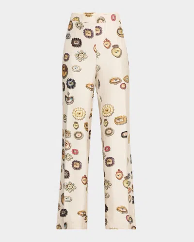 Libertine Aaron Ivory Lovers Eyes Silk Wide-leg Pants In Frvnl