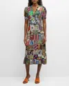 LIBERTINE BLOOMSBURY COLLAGE-PRINT SICILIAN SHORT-SLEEVE MIDI DRESS