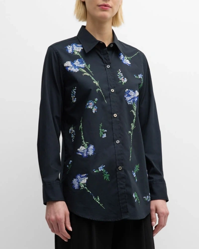 Libertine Cecil Beaton Button-front Shirt With Blue Carnation Crystal Detail In Black