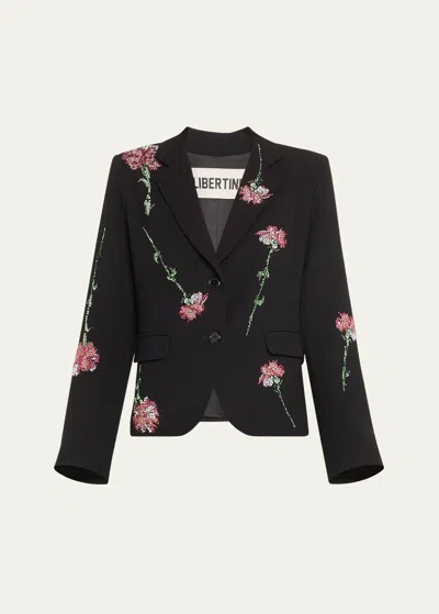 Libertine Cecil Short Blazer Jacket With Pink Carnation Crystal Embellishments In Black