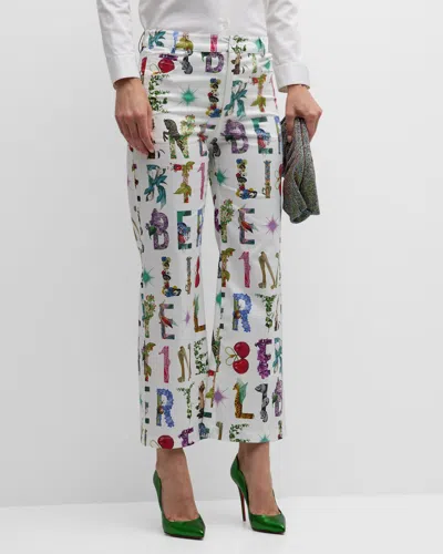 Libertine Deco Letters Wide-leg Crop Pants In Whtmu