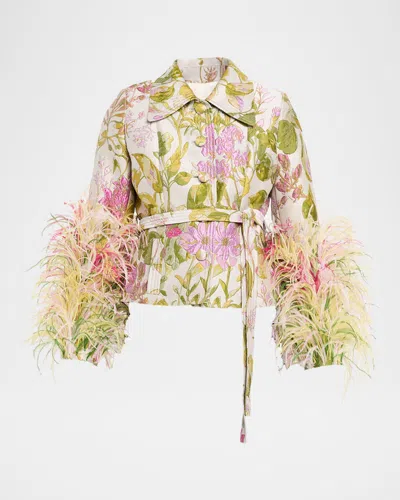 Libertine Dianthus Jacquard Feather-trim Single-breasted Jacket In Green/pink