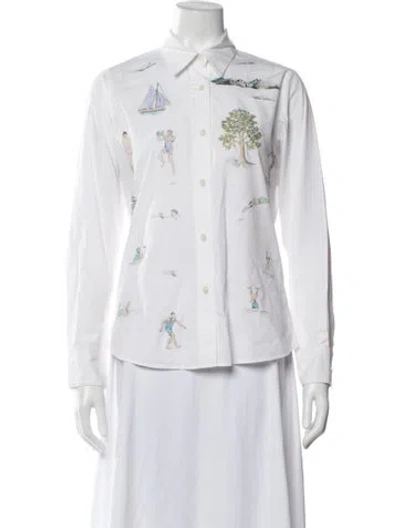 Pre-owned Libertine Graphic Print Long Sleeve Button-up Top In White