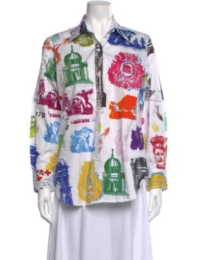 Pre-owned Libertine Graphic Print Long Sleeve Button-up Top In White