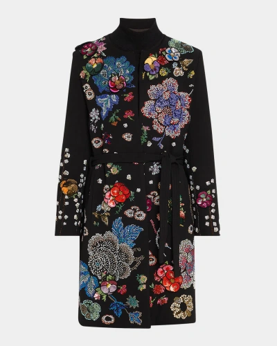 Libertine Luxe Bouquet Belted Collarless Coat In Black
