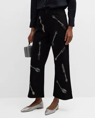 Libertine Michelin Star Embellished Wide-leg Crop Trousers In Black
