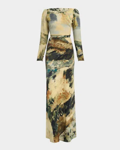 Libertine Modernist Landscape Belted Long-sleeve Maxi Dress In Multi