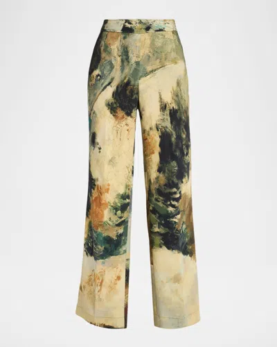 Libertine Modernist Landscape Silk Flare Pants In Multi