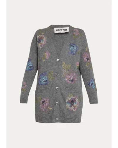 Libertine Mosaic Floral Embellished Cashmere V-neck Cardigan In Gray