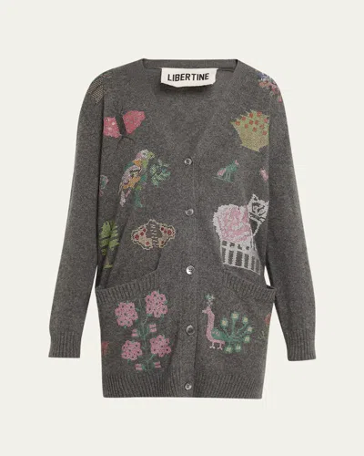Libertine Needlepoint Embellished Cashmere Oversized V-neck Cardigan In Gray
