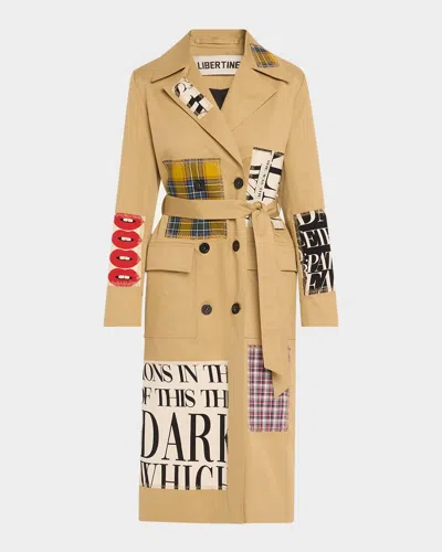 Libertine Patch Happy Belted Long Trench Coat In Khk