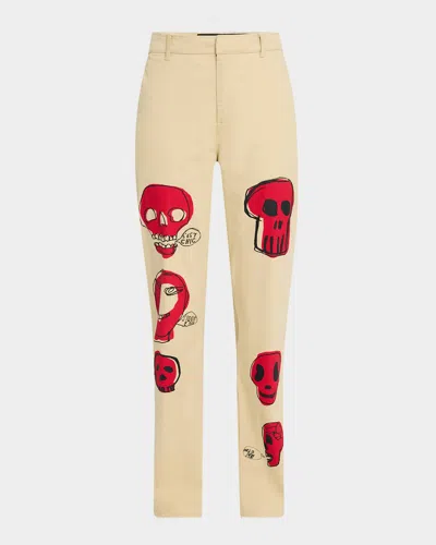 Libertine Sketch Skulls Straight-leg Raw-hem Chino Pants In Khk
