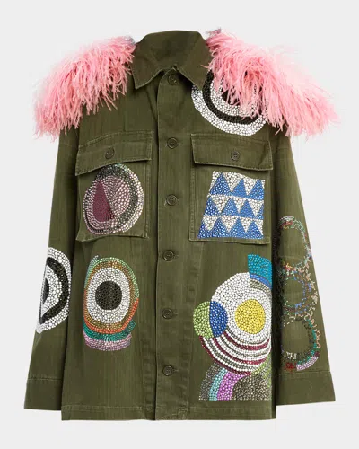 Libertine Sonia Crystal Vintage French Military Jacket With Feathers In Green