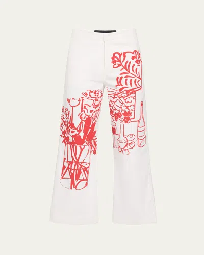 Libertine Still Life Silk Screen-printed Wide-leg Crop Pants In White