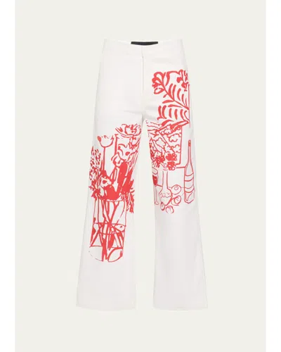 Libertine Still Life Silk Screen-printed Wide-leg Crop Pants In White