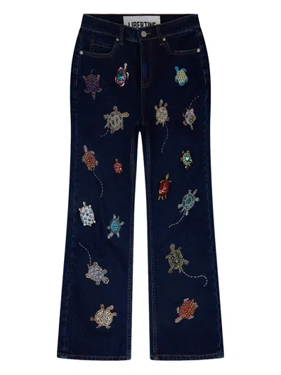 Libertine Turtle-embroidery Jeans In Blue
