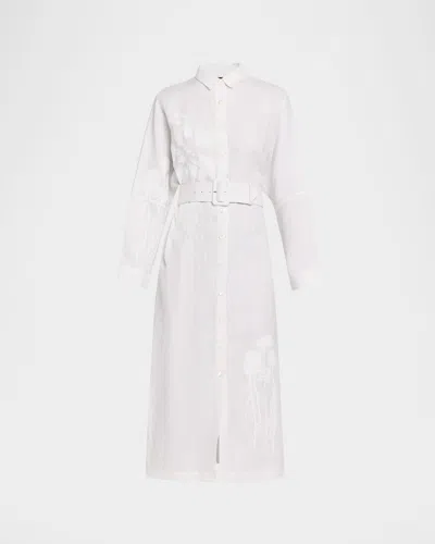 Libertine White On White Hand Silk Screen Belted Linen Shirtdress