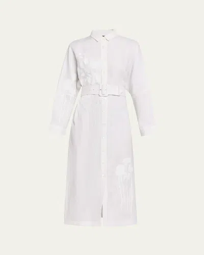 Libertine White On White Hand Silk Screen Belted Linen Shirtdress