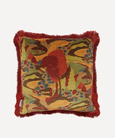 Liberty Autumn Landscape Burgundy Velvet Fringed Cushion In Multi
