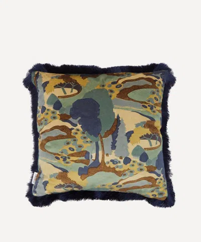 Liberty Autumn Landscape Navy Velvet Fringed Cushion In Blue