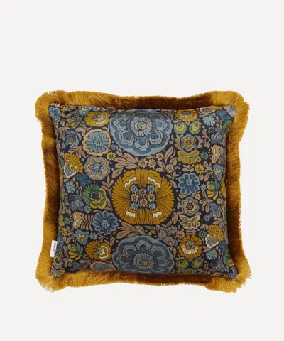 Liberty Begonia Navy Velvet Fringed Cushion In Blue