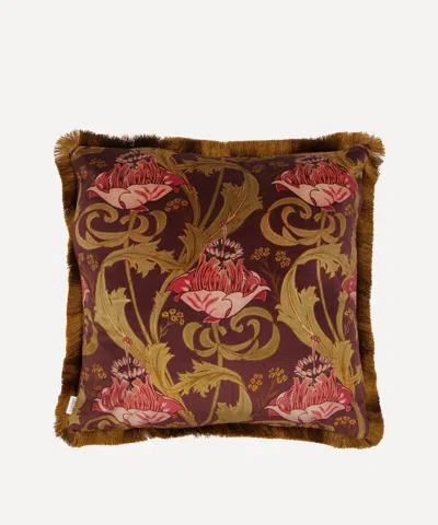 Liberty Bold Bloom Burgundy Velvet Fringed Cushion In Brown