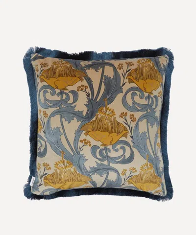 Liberty Bold Bloom Ecru Velvet Fringed Cushion In Blue