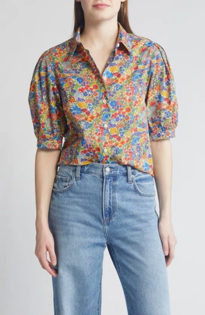 Liberty London Floral Puff Sleeve Cotton Shirt In Blue Multi