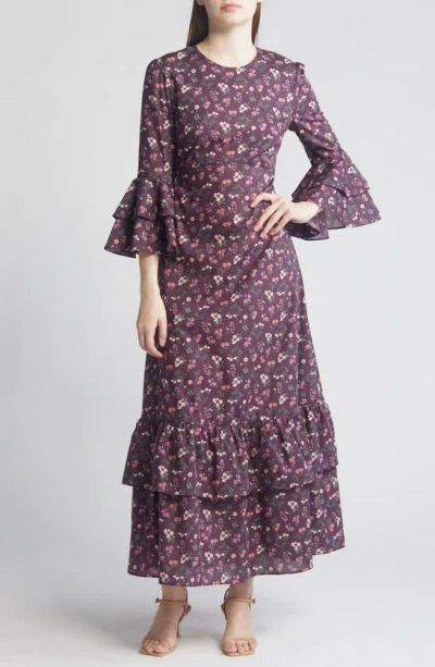 Liberty London Gala Floral Tiered Cotton Maxi Dress In Aubergine