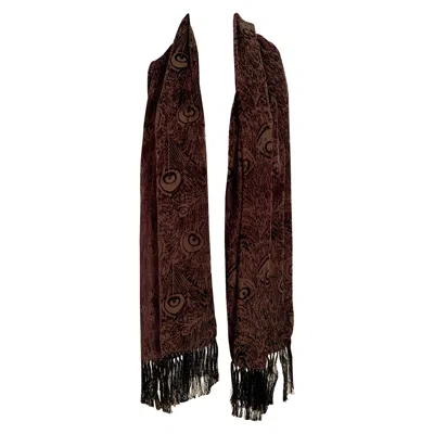 Pre-owned Liberty Of London Liberty Chocolate Brown Voided Velvet Fringed Shawl With Peacock Feather Design