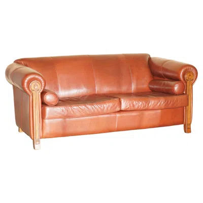 Pre-owned Liberty Of London Vintage Chestnut Brown Leather Liberty's Art Nouveau Club Sofa Carved Wood Frame