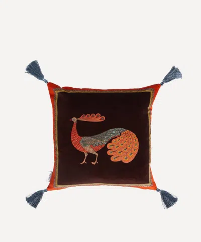 Liberty Peacock Garden Velvet Cushion In Red