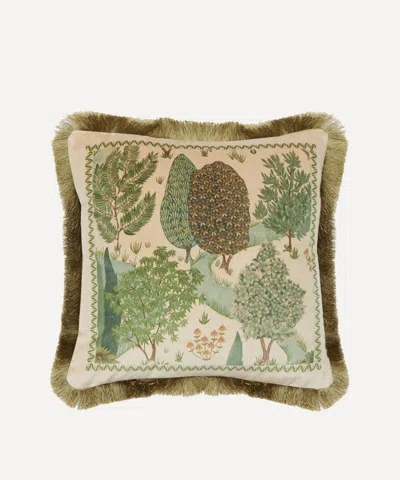 Liberty Persian Garden Cream Velvet Fringed Cushion In Green