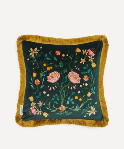 Liberty Rose Branch Velvet Fringed Cushion In Green