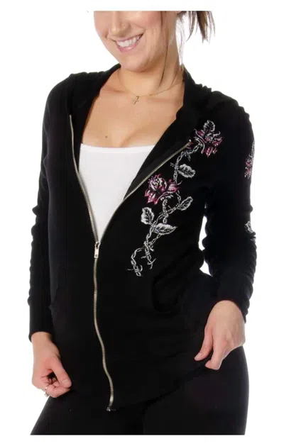Liberty Wear Rhinestone Flower Hooded Top In Black
