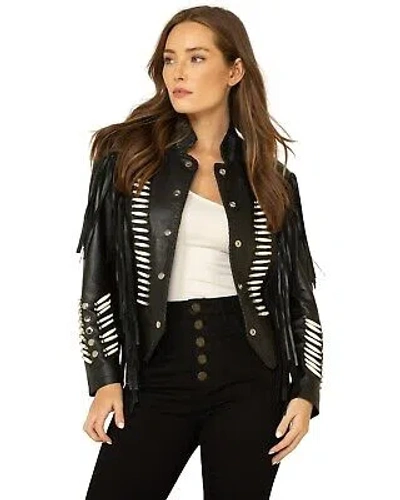 Pre-owned Liberty Wear Women's Fringe Sheep Napa Jacket - 9841-blk In Black