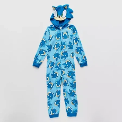 Licensed Properties Little & Big Kid Boys Sonic The Hedgehog Fleece Hooded Long Sleeve One Piece Pajama In Blue