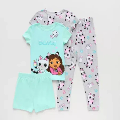 Licensed Properties Little & Big Kid Girls Gabby's Dollhouse Crew Neck Short Sleeve 4-pc. Pajama Set In Gray