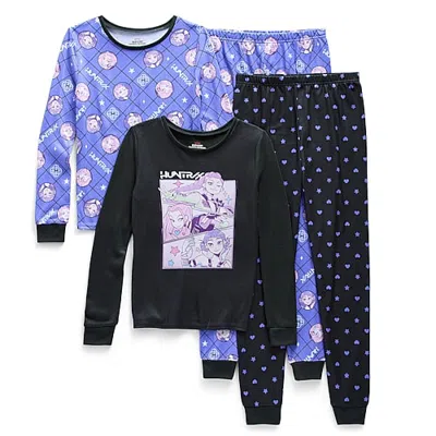 Licensed Properties Little & Big Kid Girls Kpop Demon Hunters Crew Neck Long Sleeve 4-pc. Pajama Set In Black