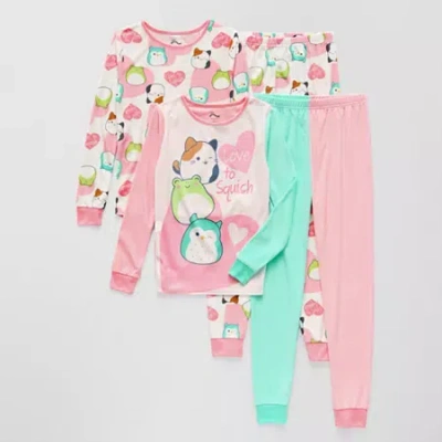 Licensed Properties Little & Big Kid Girls Squishmallows Fleece Crew Neck Long Sleeve 4-pc. Pajama Set In Pink
