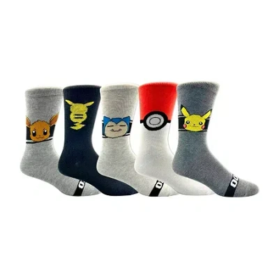 Licensed Properties Mens 5 Pair Pokeman Crew Socks In Gray