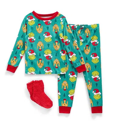 Licensed Properties Babies' Toddler Unisex Grinch Crew Neck Long Sleeve 3-pc. Pajama Set In Green